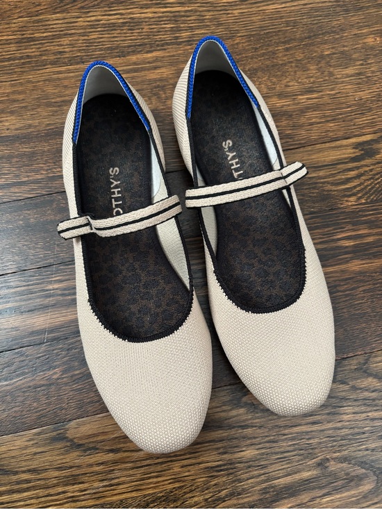 Rothy's Shoes - Rothy's Beige Mary Jane Flats with Black Trim and Blue Heel Accent